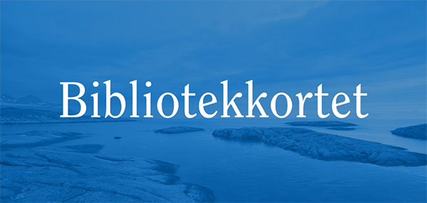 Landskap i blåfarge med tekst Bibliotekkortet over