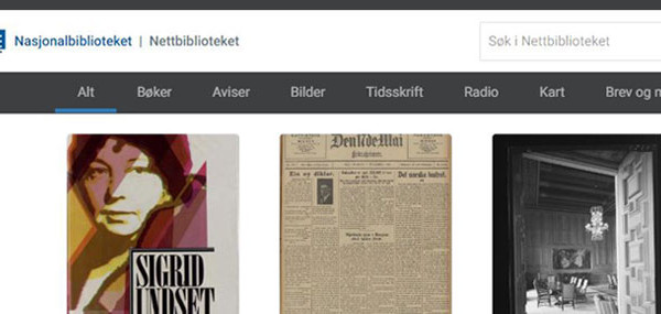 Skjermdump frå nb.no som mellom anna viser eit gamalt foto og framsider av eldre bok og tidsskrif