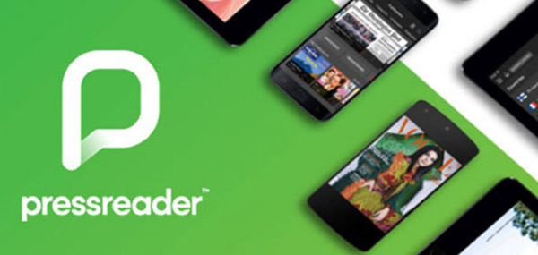 Mobilar og nettbrett ligg på grøn bakgrunn, tekst Pressreader